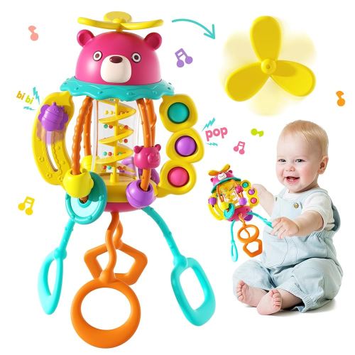 HOLA Montessori Toys for 1 Year Old Boys-Rattle Teething Baby Toys 0-6 & 6-12 Months, Silicone Pull String Sensory Toys for 1 Year Old Girl Gifts Christmas Stocking Stuffers Red