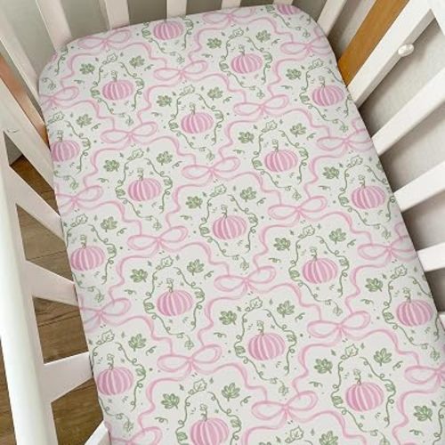 Fall Pink Pumpkins Bows Gingham Baby Crib Sheets for Girls Autumn Thanksgiving Harvest Soft Snug Fitted Crib Mattress Covers for 52''x28'' Standard Crib & Toddler Mattress Halloween Bed Sheets
