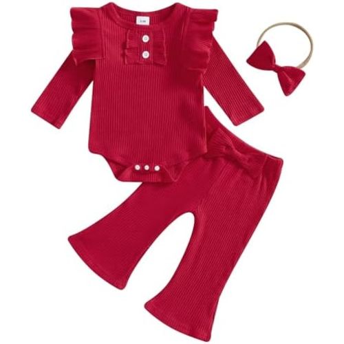 TheFound Infant Baby Girl Clothes Newborn Ruffle Long Sleeve Ribbed Romper Print Bell Bottom Toddler Baby Fall Winter Outfit
