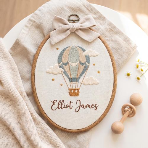 Personalized Hot Air Balloon Hoop, Custom Baby Name Sign, Neutral Nursery Embroidery Decor, Handmade Newborn Keepsake Gift