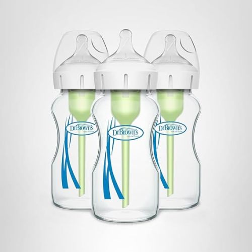 Dr. Brown's Natural Flow Anti-Colic Options+ Wide-Neck Glass Baby Bottles 9 oz/270 mL, with Level 1 Slow Flow Nipple, 3 Pack, 0m+
