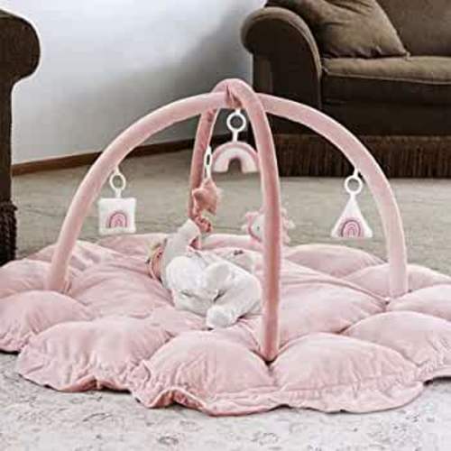5-in-1 Thick & Plush Baby Play Gym, Baby Play Mats for Floor, Tummy Time Mat with 6 Toys, Cat Bed, Dog Bed, Convertible Stage-Based Developmental from Baby to Toddler, Ball Pit, Pet Cushion, Pink