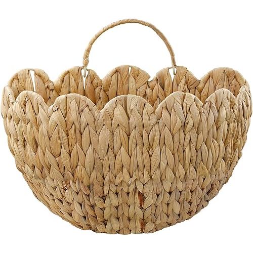 Water Hyacinth Hanging Basket, Scalloped Wall Basket with Handle, Wicker Hanging Wall Basket for Door,Nursery,Home Decor