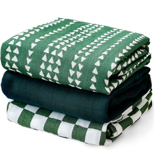 HappyFlute 3 Set Muslin Swaddle Blankets,Essential Baby&Newborn Swaddling,Perfect for Boys&Girls,Receiving Blankets,Nursing,Stroller Cover,Large 47.2x43.3 inches Swaddle Wrap Burping Clothes. (Green)