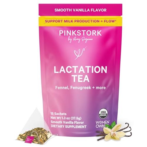 Pink Stork Organic Lactation Tea – Fenugreek, Fennel, Milk Thistle + More – Support for Breastfeeding, Pumping, Hydration, Milk Flow – Smooth Vanilla – 15 Sachets, Caffeine-Free