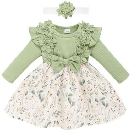 Baby Girl Dress Fall Flower Ruffle with Lace Headband Toddler Girls 3M-3T Infant Dresses Winter Baby Girl Clothes