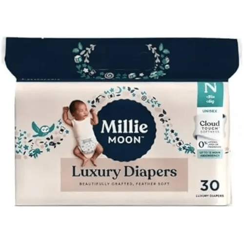 Millie Moon Luxury Diapers, (Size - Newborn and 30 Count) Weight Range: 4 to 10 lbs
