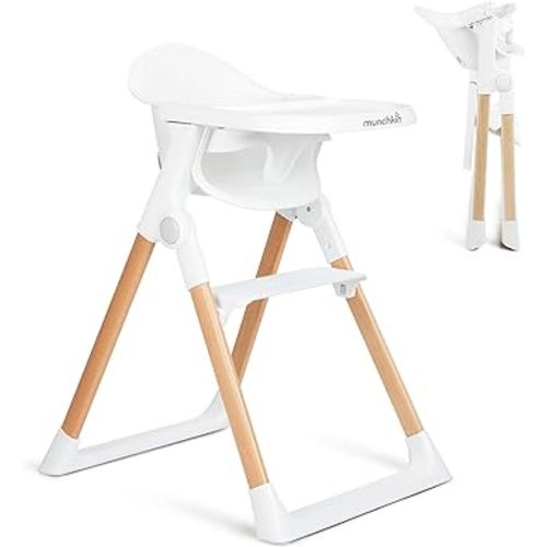 Munchkin Float Baby High Chair, Foldable and Easy to Clean, for Babies and Toddlers, White with Wooden Legs