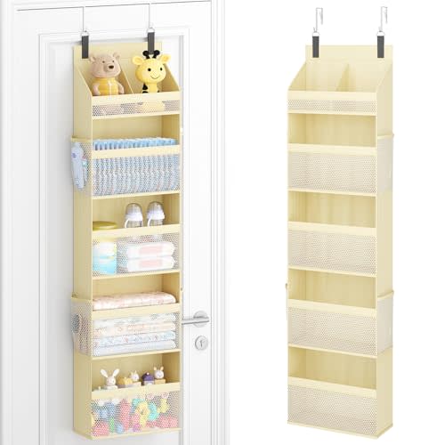 Lifewit 5 Tier Over the Door Organizer, Diaper Hanging Storage, Beige | Nursery Sturdy Large Heavy Duty Back of Door Shelf with 4 Mesh Side Pockets, for Baby Stuff Toy in Pantry, Laundry, Bathroom