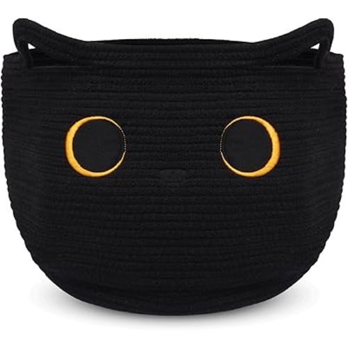 Cute Black Cat Round Basket - Cotton Rope Baskets Large Baby Laundry Blasket for Nursery, Woven Blanket Basket Hamper With Handle Toy Storage Basket for Gifts, Baby Shower 14 ×12 inchs 30.5L