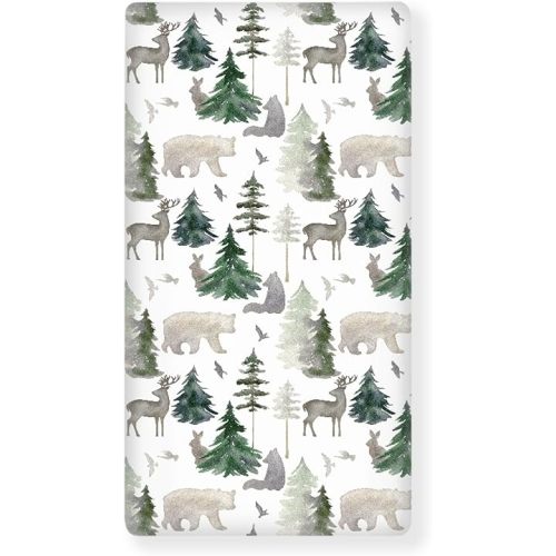 Woodland Forest Animals Fitted Crib Sheet for Boys Girls Watercolor Pine Tree Baby Sheet for Standard Crib and Toddler Rabbit Deer Bear Nursery Bed Mattress Sheets 28"x52"