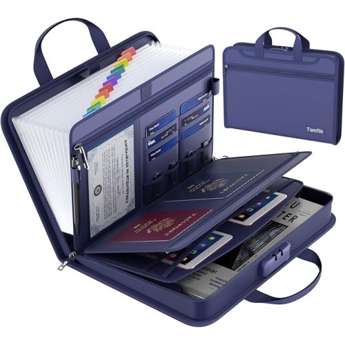 5200℉ Fireproof Accordion File Organizer with Lock, Thickened Document Organizer 13 Pocket with Zipper & Labels, Important Document Organizer, Expanding File Folder with Handle for Letter A4 (Blue)