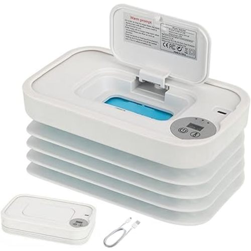 Wet Wipes Warmer, Wipe Warmer Cordless with 3 Adjustable Temperature, Foldable Portable USB Wipe Heater and Dispenser, Digital Display Space Saving Wipe Warmer with Lid for Home Outdoor Travel (White)