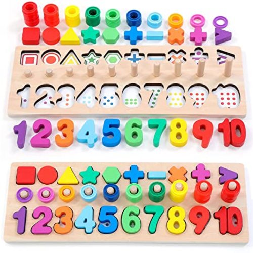 BEKILOLE Wooden Montessori Toys for Kids Toddler Number Puzzles Sorter Counting Shape Stacker Stacking Game Preschool Toys for Boy Girl Learning Education Math Blocks 3+ Year Old Girl Gifts - Rainbow