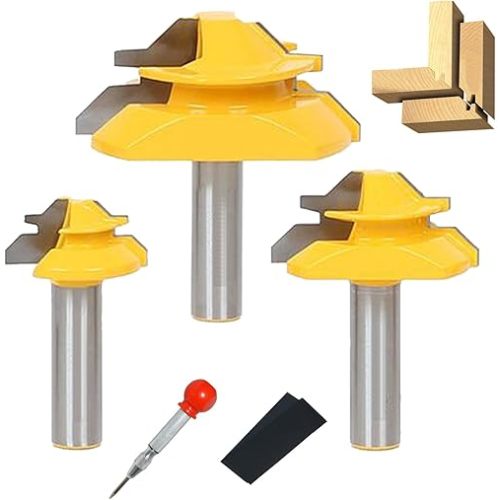 1/2 Inch Shank 45 Degree Lock Miter Router Bit, Easy to Create Lock Miter Joint, with Center Punch and Sander Paper for Woodworking (1/2 inch Shank, 1/2”, 3/4”, 1” Cutting Height)