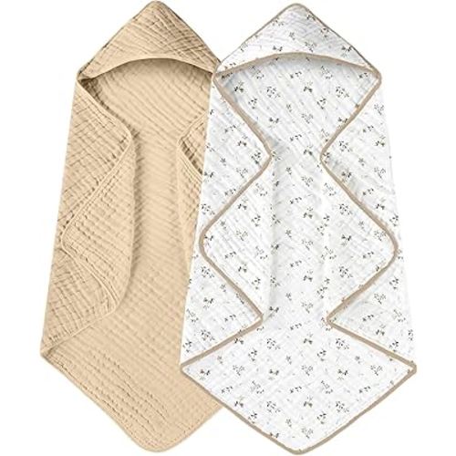 Yoofoss Hooded Baby Towels for Newborn 2 Pack 100% Muslin Organic Cotton Baby Bath Towel with Hood for Babies, Infant, Toddler and Kids, 32x32Inch, Soft and Absorbent Newborn Essential, Beige Floral