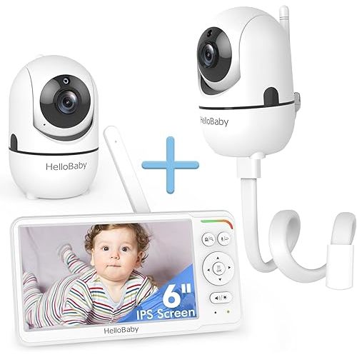 HelloBaby 6" IPS Split Screen Baby Monitor with 2 Cameras + 20" Universal Flexible Mount, No WiFi FHSS Secure, 355° Pan-Tilt-Zoom, Night Vision, 1000ft Range - No Tool, No Wall Damage Crib/Shelf Mount