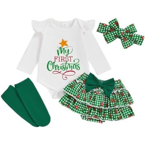 My First Christmas Baby Girl Outfit Letter Print Romper Ruffle Skirt Shorts Set Newborn Fall Winter Clothes 0-18M