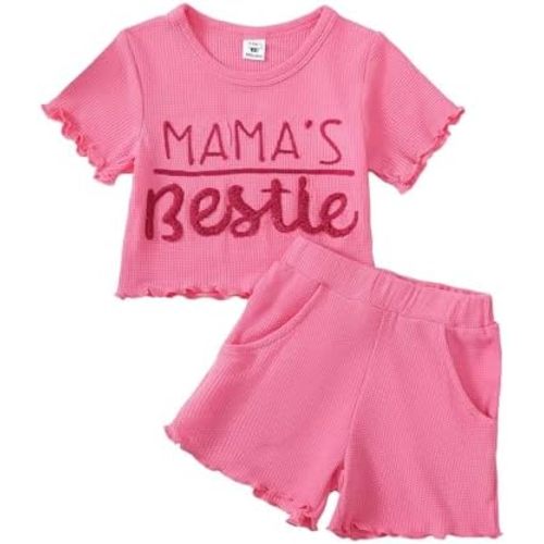Mikrdoo Toddler Baby Girl Clothes Summer Short Sleeve T Shirt Tops Cute Infant Ruffle Ribbed Knit Shorts Outfits Set