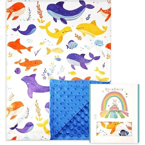 Baby Blanket for Boys Whale Ocean Blue Toddler Nursery Crib Throw Gift Blanket with Dotted Backing Double Layer 30 x 40 Inch