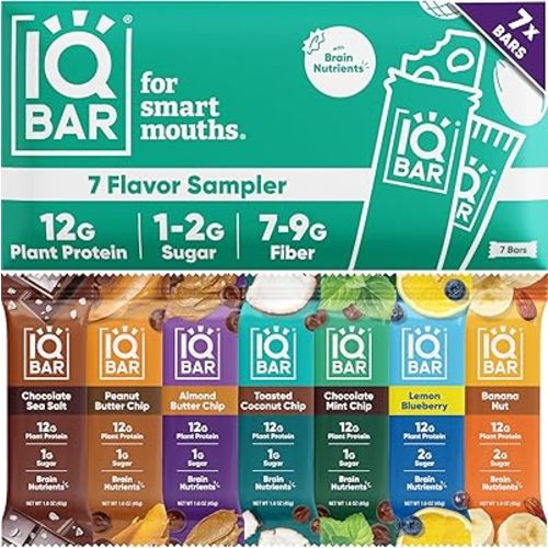 IQBAR Brain and Body Clean Plant Protein Bars - Sampler - 7 Bars - Keto, Vegan, High Fiber, Gluten and Dairy Free, Low Sugar Snack with Nutrients for Focus, Energy, Meal Replacement