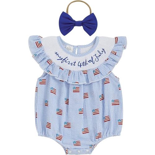 Baby Girl 4th of July Outfits Newborn Smocked Bubble Romper Bodysuit Ruffle American Flag Memorial Day Outfit