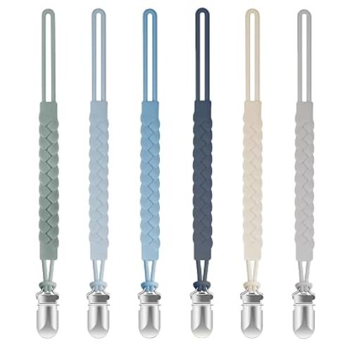 TenderBabe Silicone Pacifier Clip for Baby Boys and Girls, Pack of 6 Soft Flexible Paci Binky Clips with One-Piece Braided-Style Design,BPA-Free Newborn Essentials