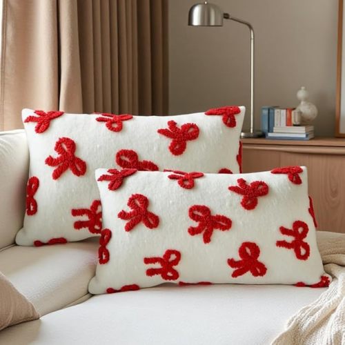 Coquette Bow Throw Pillow Covers Room Decor Embroidered Pillow Covers 12x20 Set of 2 Coquette Bowknot Decoration Lumbar Pillow Cases for Home Bedroom Couch Dorm Red