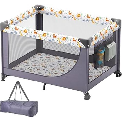 VEVOR Baby Travel Crib and Play Yard, Folding Baby Playpen with Soft Mattress Pad, Portable Toddlers Crib with Breathable Mesh and Travel Bag, Indoor/Outdoor Kid Activity Center for 0-36 Months Babies