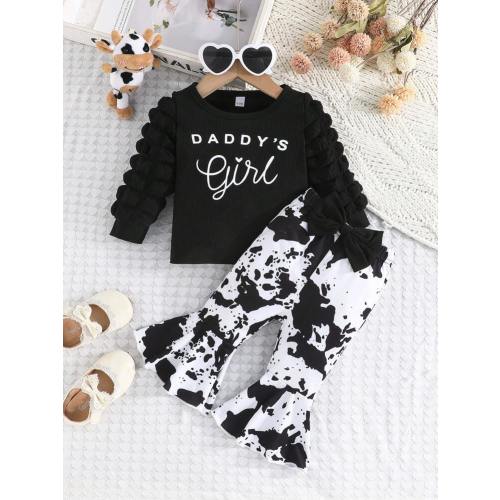 2pcs/Set Baby Girl Bubble Long Sleeve Letter Print Top T-Shirt And Black & White Cow Print Flare Pants Casual Outfit, Autumn | SHEIN USA
