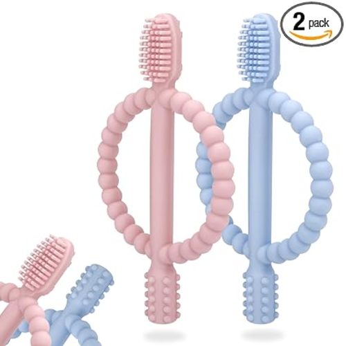 Baby Teething Toys with Easy-Hold Handle, Silicone Infant Toothbrush, Textured On Both Sides Helps Massage, Soothe Sore Gums, Teething Toys for Babies 0-6 Months, 6-12 Months