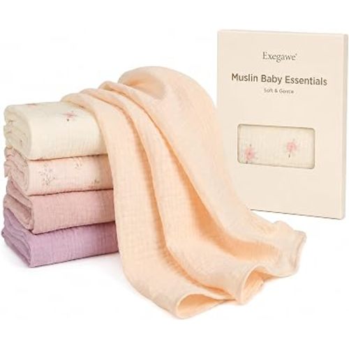 Exegawe Baby Burp Cloths Muslin Cotton 5-Pack, 24 x 24 in(Ballet Flower)