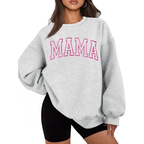 Mama Sweatshirts for Women Embroidered Mama Shirt Oversized Mom Crewneck Pullover Hoodies Long Sleeve - size XL