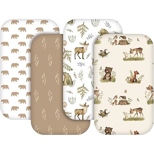 Gllquen Baby Bedside Sleeper Sheets 4 Pack, Breathable Cozy Fitted Mattress Sheet, Elastic Travel Crib Fashionable Pattern, Standard Cradle Safe Sheets for Baby Boys Girls 33"x20"(Bear)