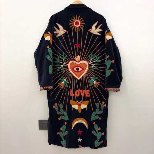 Black Embroidered Velvet Kimono Coat, Handcrafted Long Duster Jacket, Boho Statement Outerwear, Festival Wear