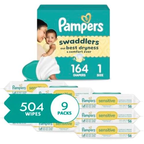 Pampers Swaddlers Diapers, Size 1 (8-14 lbs), 164 Count, Disposable Newborn Baby Diaper + Sensitive Baby Wipes 504 Wipes Total (6X Flip-Top Packs) [Packaging May Vary]