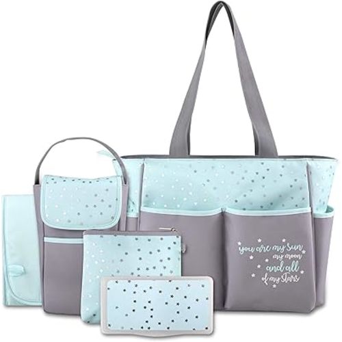 Baby Essentials Diaper Bag Tote 5 Piece Set with Sun, Moon, and Stars, Wipes Pocket, Dirty Diaper Pouch, Changing Pad (Grey/Aqua)
