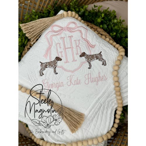 Pink Bow GSP Embroidered Baby Blanket Girl German Shorthaired Pointer Dog Nursery Decor Personalized Heirloom Quilt Custom Baby Shower Gift