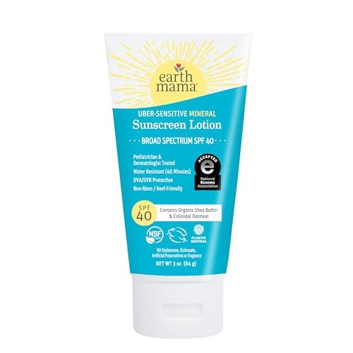 Earth Mama Uber-Sensitive Mineral Sunscreen Lotion SPF 40 | Non-Nano Zinc, Contains Organic Colloidal Oatmeal | Steroid-Free Eczema Cream for Baby, Kid & Family, 3-Ounce