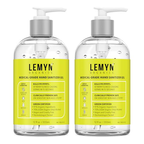 Lemyn Organics Medical‑Grade Hand Sanitizer Gel – 97 % Organic | 70 % USP Ethyl Alcohol | Moisturizing Aloe + Hyaluronic Acid | Freshly Made in USA | 12oz Bottle with Pump (PACK OF 2)