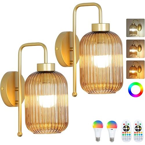 Vintage Gold Wireless Wall Sconces Battery Operated, Rechargeable Wall Lights Set of 2 with Amber Stripe Glass Shade, Remote and Bulb, Cordless Sconces Wall Decor for Bedroom Living Room