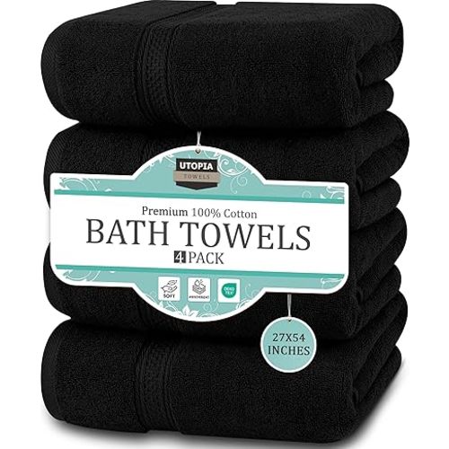 Utopia Towels 4 Pack Premium Bath Towels Set, 27 by 54 Inches, 100% Ring Spun Cotton 600GSM, Lightweight and Highly Absorbent Quick Drying Towels, Perfect for Daily Use, Black
