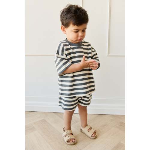 6-12 MONTHS Organic Cotton Waffle Leith Short - Oliver Stripe Atlantic/Cloud