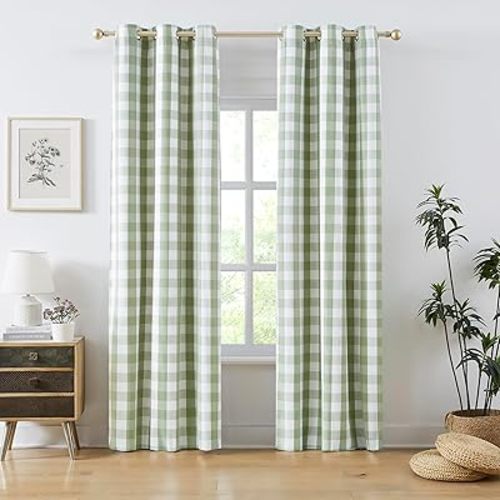 Amzdecor Sage Green White Buffalo Plaid Full Blackout Curtains 84 Inch for Bedroom Living Room Farmhouse Check Patterned Drapes Thermal Insulated Soundproof Grommet Window Treatment, 2 Panels, 40"x84"