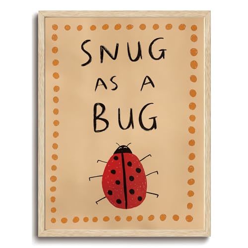 KISSFOX OAK Wood Framed Wall Art Ladybug Wall Decor Sung As A Bug Canvas Art Insect Pictures Cute Paintings Whimsical Artwork Boho Prints For Nursery Kids Children Playroom Boys Girls