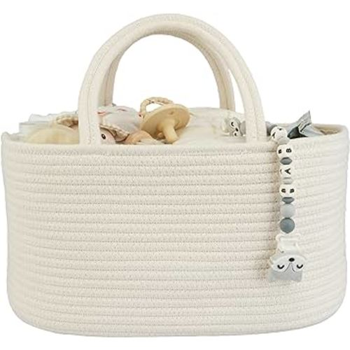Large Baby Diaper Caddy Organizer for Girl Boy Rope Nursery Storage Bin Basket Portable Holder Tote Bag for Changing Table Car Travel Baby Shower Gifts Newborn Essentials Registry Must Haves White
