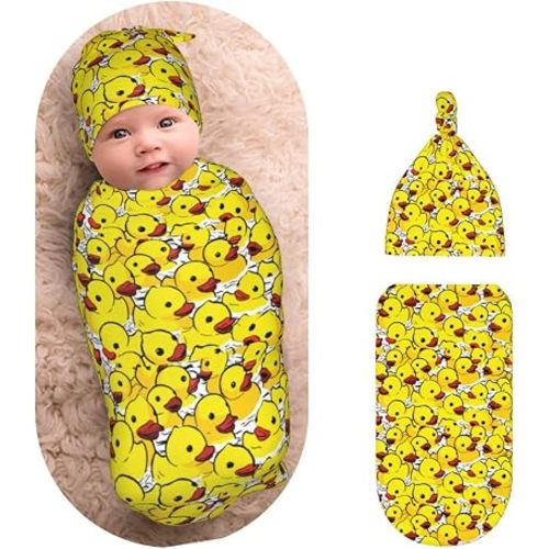 Yellow Rubber Cute Duck Newborns Beanie Swaddle Blanket Set Baby Receiving Blankets for 0-6m Infant Boy Girl Swaddle Blankets Wrap Soft