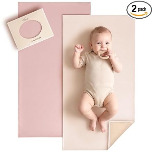 Konssy Faux Leather Baby Changing Mat, Waterproof Diaper Changing Pad | Wipeable & Portable Diaper Changing Pad for Travel or Home. Fits Diaper Bags, 30 x 17 in, Blush and Beige