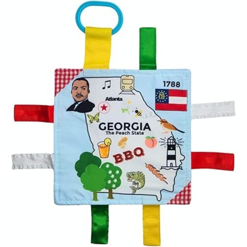 Baby Jack & Co 8x8” Learning Lovey Georgia State Tag Stroller Toy for Babies - Crinkle Toys for Developing Five Senses - Learn About Capitals - Travel with Baby Jack - BPA Free Clip