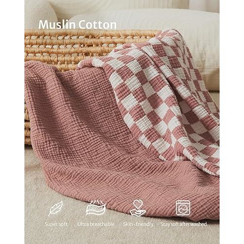 Blissful Diary Muslin Bassinet Sheets for Baby Girls Boys, Boho Soft Cotton Fitted for Oval Hourglass Rectangle Mattress, 2 Pack(Dusty Pink Checkboard & Dusty Pink)